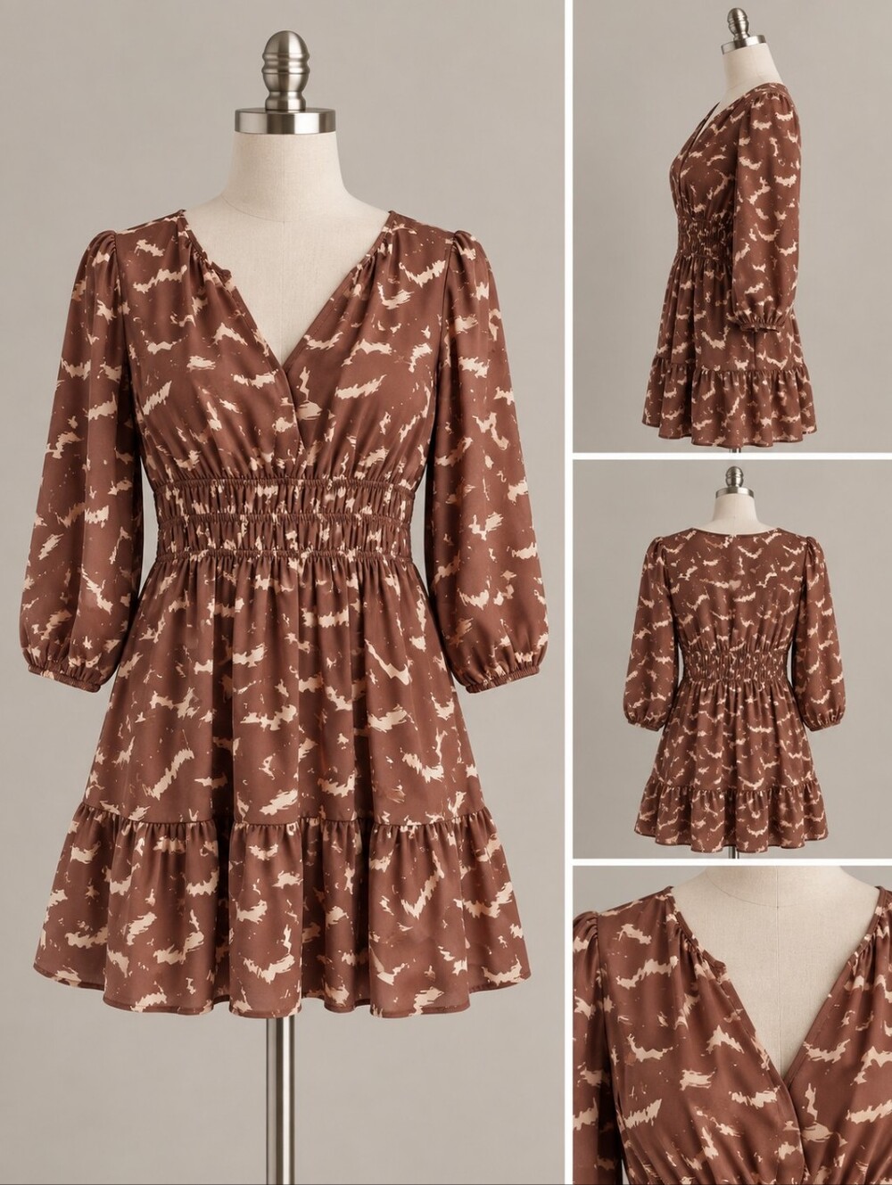 NWOT Gilli Brown Abstract Print Tiered V-Neck Midi Dress Size S Boho Cozy Fall